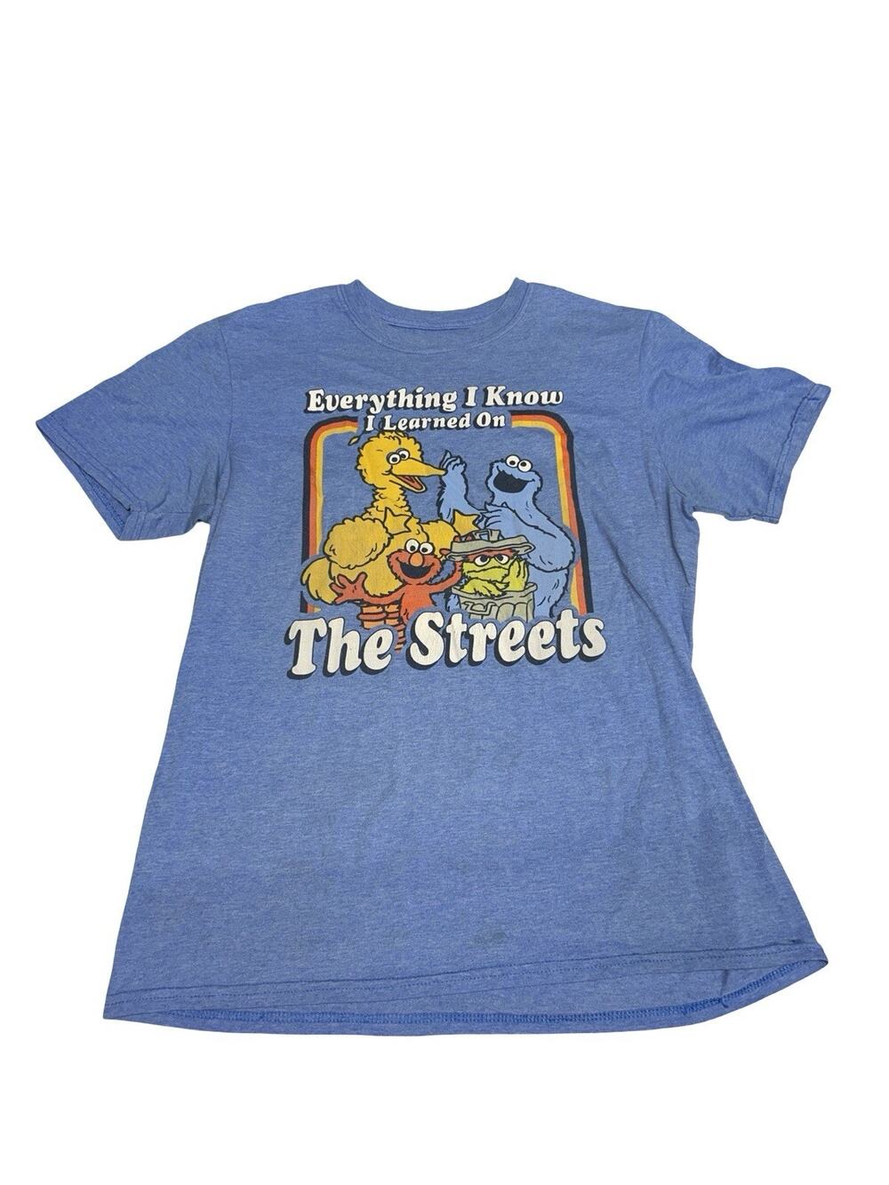 Sesame Street The Streets Graphic T-Shirt Medium Front Stain Blue